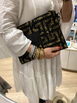 Amelia #8 Greek Key cotton and Leather Clutch Black and Gold