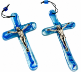 Handmade Glass Icon of Jesus on the Cross - Blue (Medium)