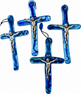 Handmade Glass Icon of Jesus on the Cross - Blue (Large)