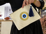 Greek Mati Cotton Pouch with Tassel - Blue/Gold