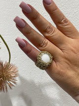 Greek Round White Coral Gold Crochet Ring by Hara Karamichali