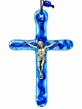 Handmade Glass Icon of Jesus on the Cross - Blue (Medium)