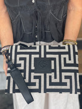 Amelia Clutch- Greek Key cotton and Leather Clutch Bag- Black and Ecru