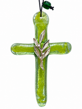 Handmade Glass Cross with Olive Leaf - Green (Medium)