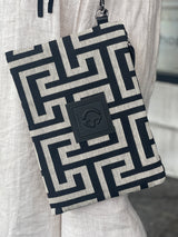 Amelia Clutch- Greek Key cotton and Leather Clutch Bag- Black and Ecru