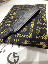 Amelia #8 Greek Key cotton and Leather Clutch Black and Gold
