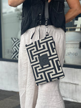 Amelia Clutch- Greek Key cotton and Leather Clutch Bag- Black and Ecru