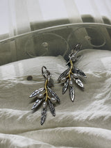925 Sterling Silver Rhodium Plated Olive Branch Earrings with Freshwater Pearls -Gold Detail