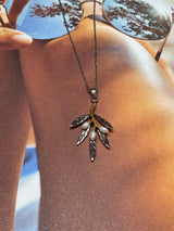 925 Sterling Silver Rhodium Plated Olive Branch Necklace with Freshwater Pearls -Gold Detail