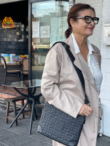 Kirki -Black Embossed Greek Key Handbag