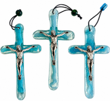 Handmade Glass Icon of Jesus on the Cross - Light Blue (Medium)