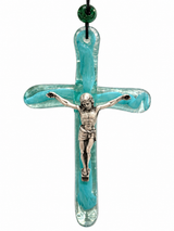Handmade Glass Icon of Jesus on the Cross - Light Blue (Medium)