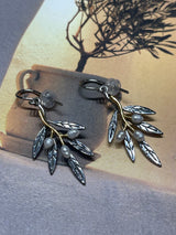 925 Sterling Silver Rhodium Plated Olive Branch Earrings with Freshwater Pearls -Gold Detail