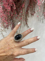 Greek Silver Crochet Ring with Onyx gemstone by Hara Karamichali