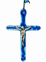 Handmade Glass Icon of Jesus on the Cross - Blue (Large)