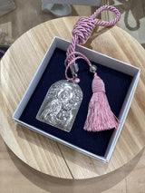 Silver Icon - Panagia holding Baby Jesus with Pink Tassel Cord