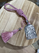 Silver Icon - Panagia holding Baby Jesus with Pink Tassel Cord