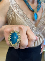 Designer Greek Gold Wire Crochet & Blue Jade Ring - Hara Karamichali