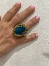 Designer Greek Gold Wire Crochet & Blue Jade Ring - Hara Karamichali