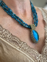 Designer Greek Gold Wire Crochet & Blue Jade Necklace - Hara Karamichali