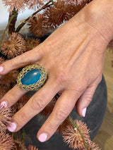 Designer Greek Gold Wire Crochet & Blue Jade Ring - Hara Karamichali