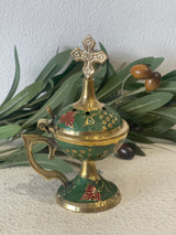 Thimiato - Small Brass Orthodox Green Enamel
