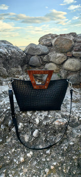 RM Atellier Designer Handmade Leather Handbag with Wood Handle - Black