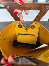 RM Atellier Designer Handmade Leather Mini Handbag with Wood Handle - Mustard