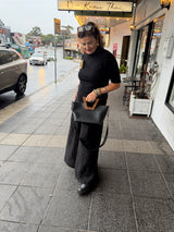 RM Atellier Designer Handmade Leather Handbag with Wood Handle - Black