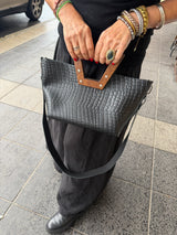RM Atellier Designer Handmade Leather Handbag with Wood Handle - Black