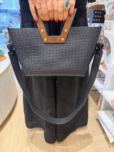 RM Atellier Designer Handmade Leather Handbag with Wood Handle - Black