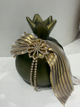 Luxury Greek Handmade Ceramic Pomegranate - X Large - Olive Green with Gold Trims