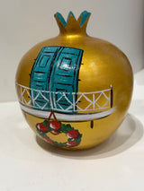 Greek Handmade Ceramic Pomegranate - Large - Gold with Wreath & Greek Door
