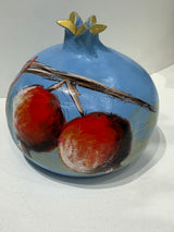 Greek Handmade Ceramic Pomegranate - Large - Light Blue with Pomegranates