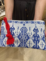 Greek Embroidered Pouch - Blue/White Geo Design