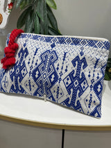 Greek Embroidered Pouch - Blue/White Geo Design