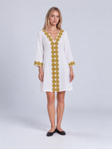 V Neckline Linen Dress - White with Round Gold detail