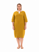 Rounded Neckline Linen Midi Dress - Honey Mustard
