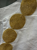 V Neckline Linen Dress - White with Round Gold detail