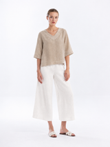 V Neck Linen Blouse with Elbow Length Sleeve - Beach Sand