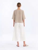 V Neck Linen Blouse with Elbow Length Sleeve - Beach Sand