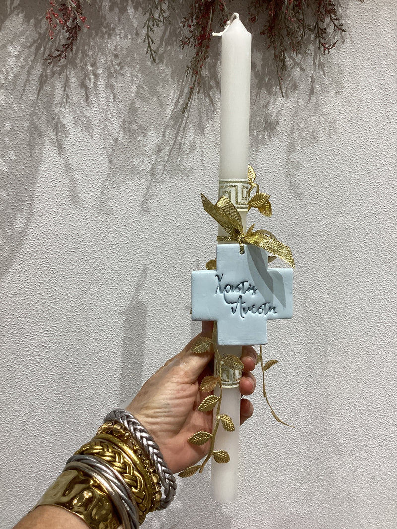 Greek Easter Χριςτος Ανεςτη Lambatha Candle with gold leaf ribbon and blue Cross