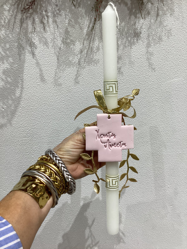 Greek Easter Χριςτος Ανεςτη Lambatha Candle with gold leaf ribbon and pink Cross