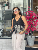 Amelia #1 Greek Key cotton and Leather Clutch - Black and Ecru