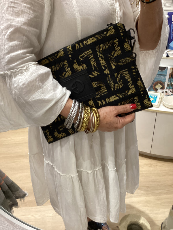 Amelia #8 Greek Key cotton and Leather Clutch Black and Gold