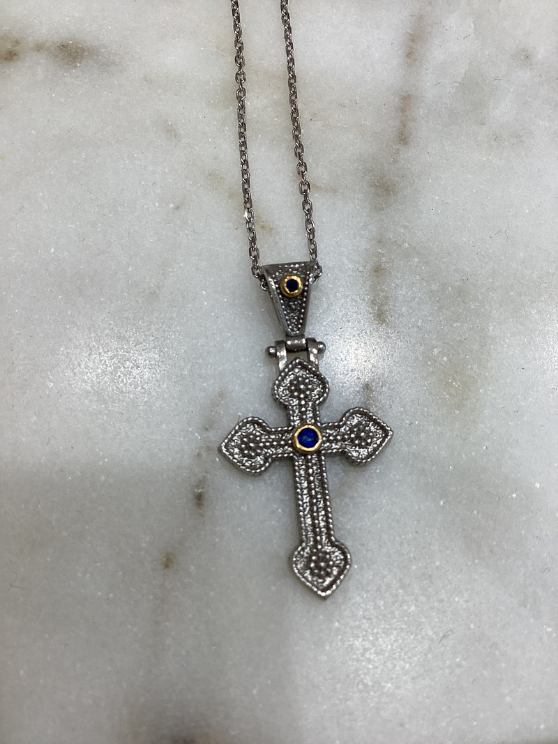 Sterling Silver Byzantine cross - Blue Zircon