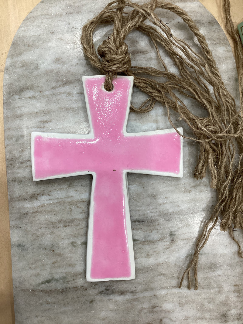 Pink Handmade ceramic Cross with Rope