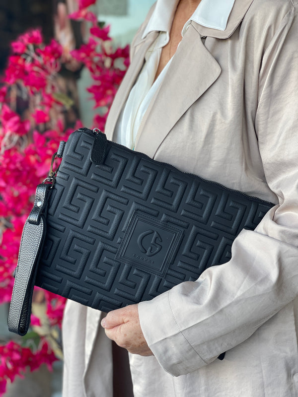 Kirki II - Black Greek Key Embossed Clutch