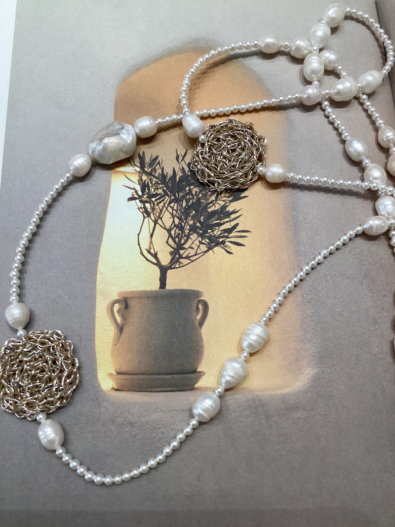 Greek Pearl Silver Crochet Necklace by Hara Karamichali