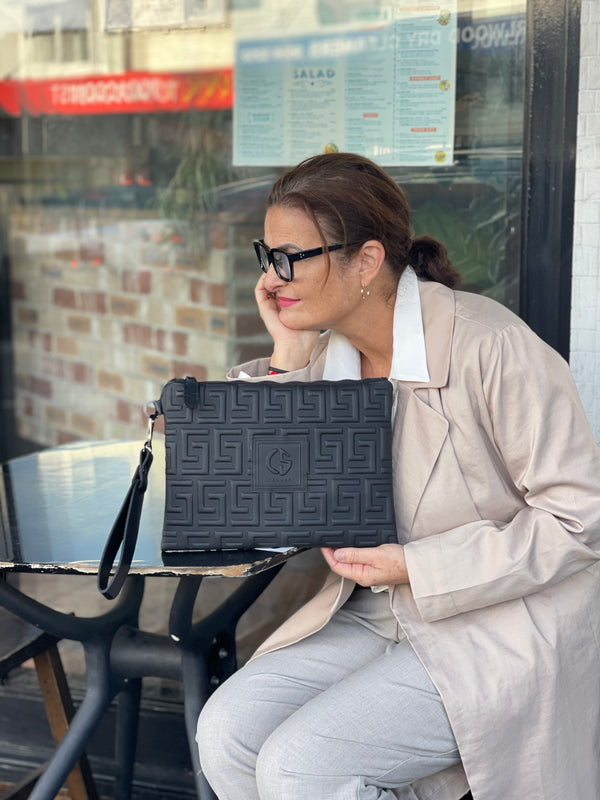 Kirki II - Black Greek Key Embossed Clutch